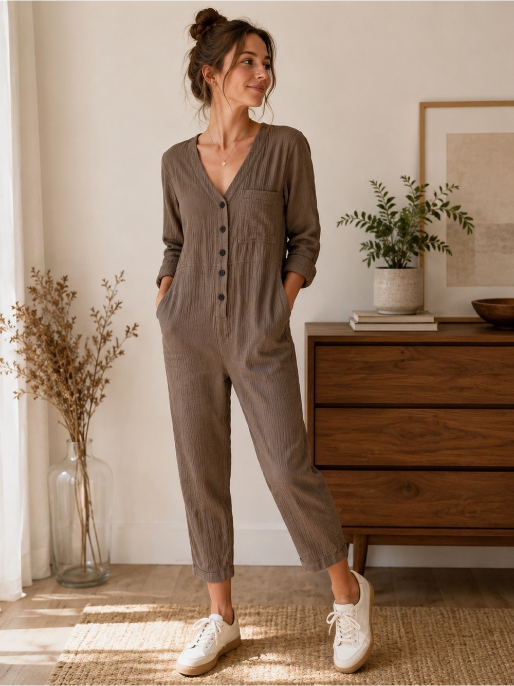 Madewell Brown Gauze Button Front Romper Jumpsuit XXS Neutral Boho 100% Cotton
